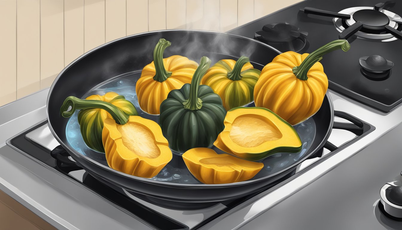 Acorn squash boiling in a pot of water on a stovetop