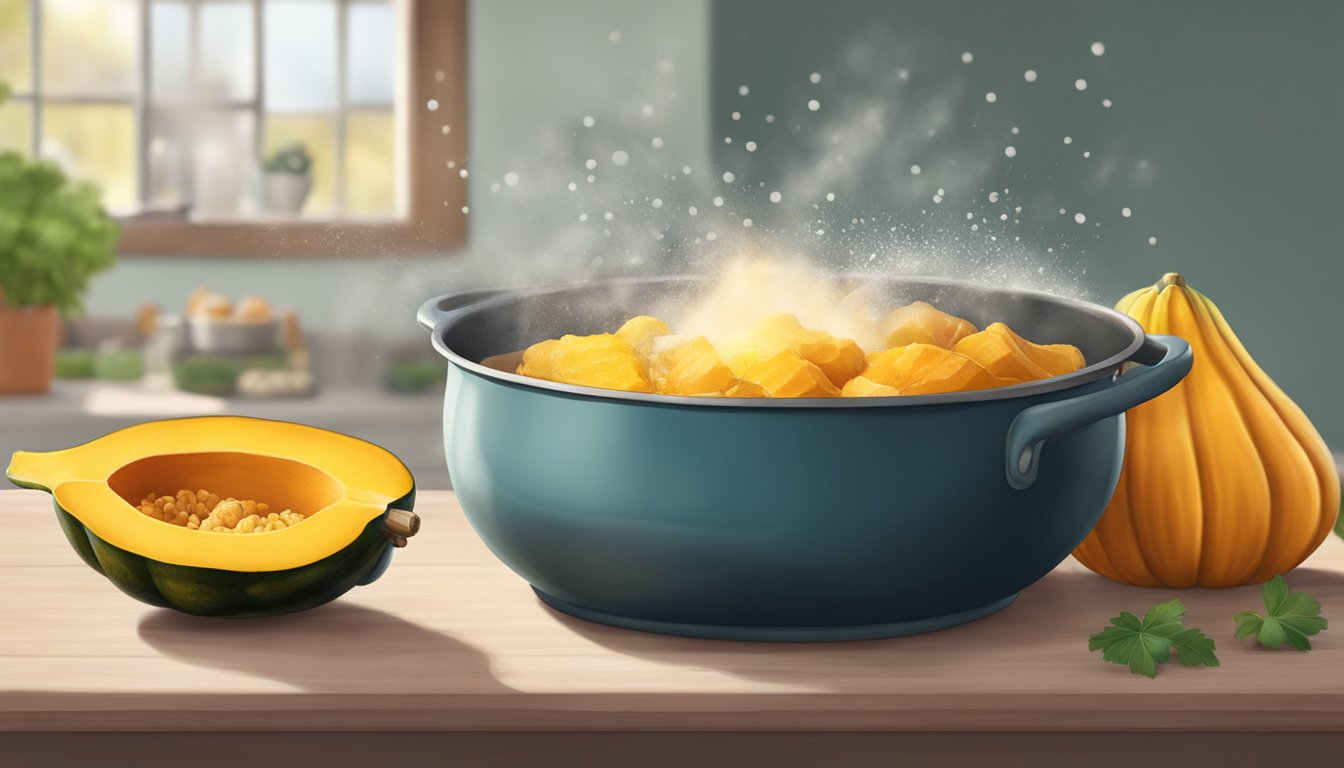 A pot of boiling water with acorn squash being dropped in