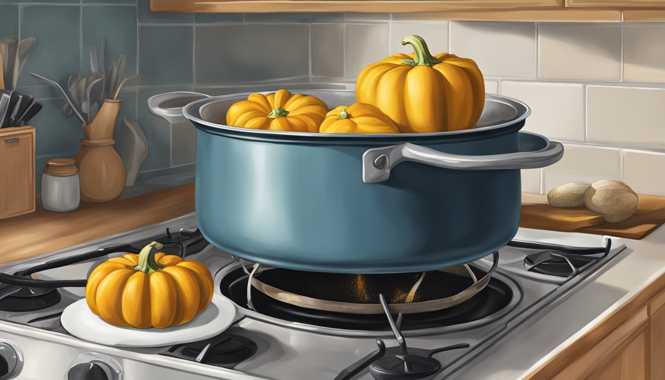 A pot of water on a stove with acorn squash being dropped in