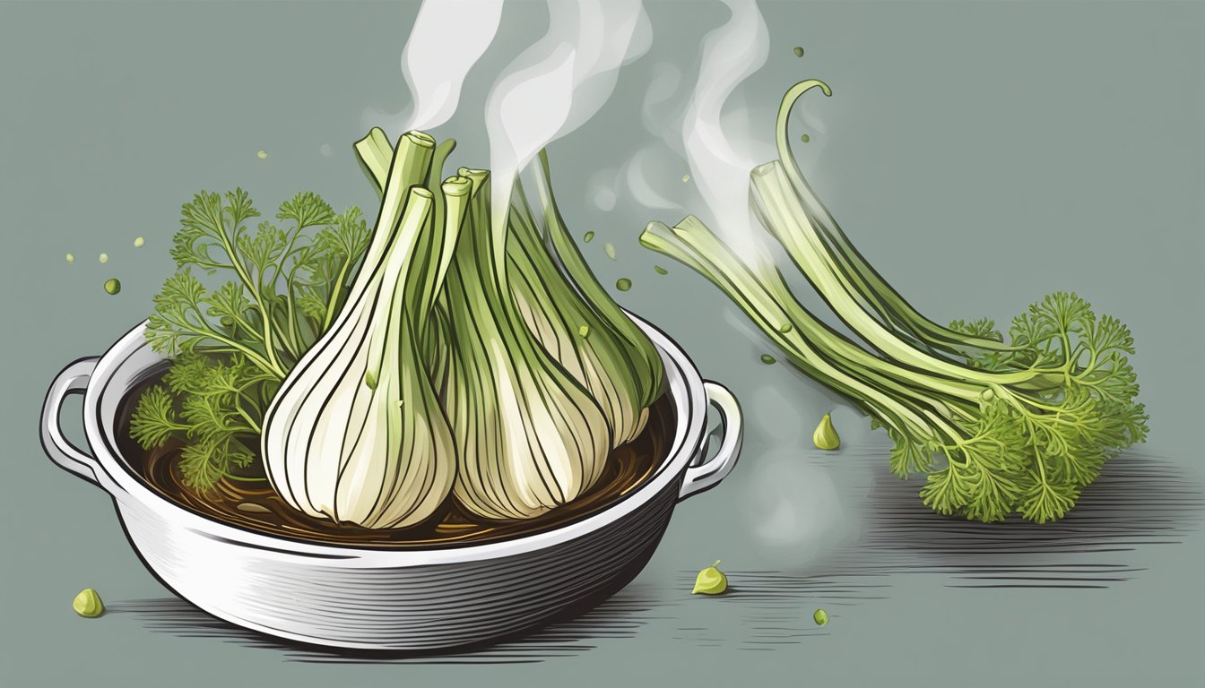 Fennel bulb simmering in a pot of boiling water, emitting a fragrant anise aroma