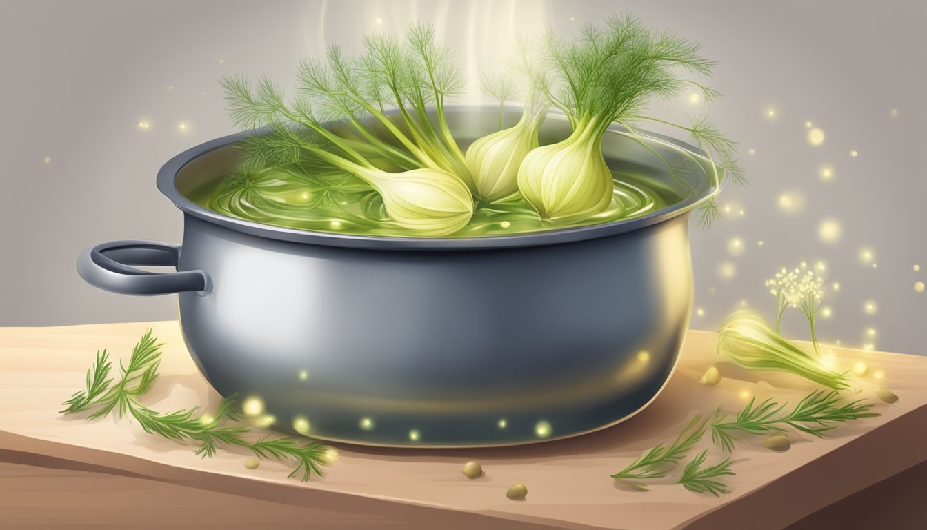 A pot of simmering water with fennel bulbs floating, emitting a fragrant anise aroma