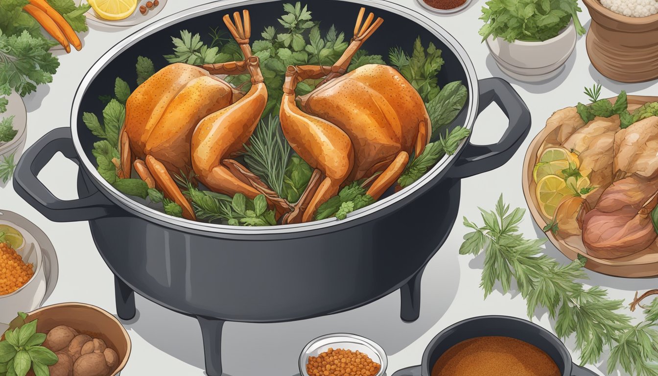 A pot of boiling water with two turkey legs inside, surrounded by various herbs and spices