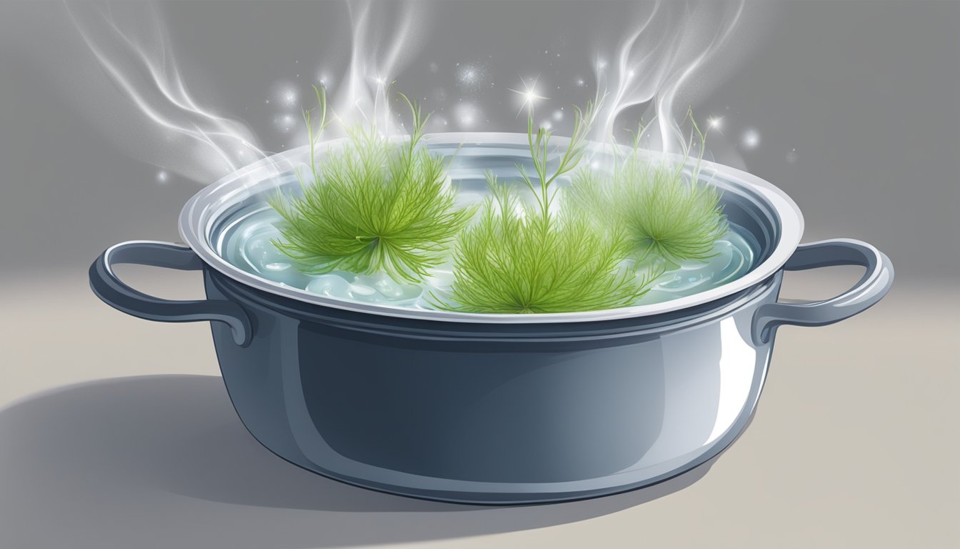 A pot of water boiling with fennel floating inside, emitting a strong anise aroma