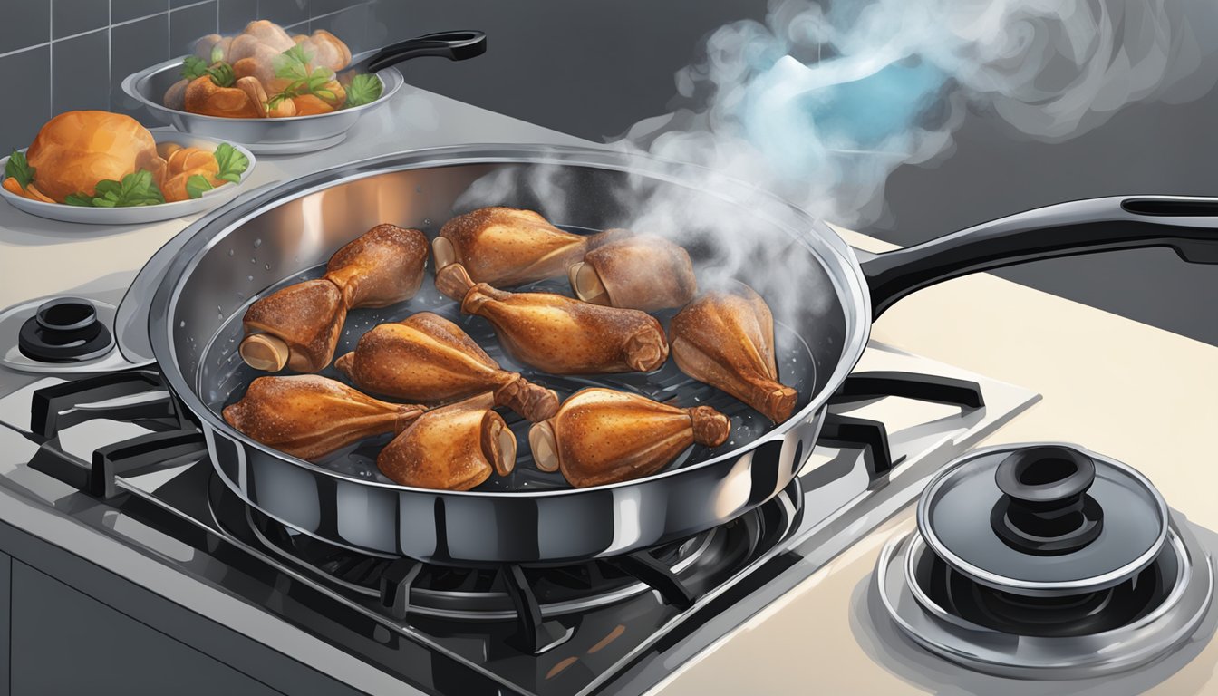 Turkey legs boiling in a large pot of water on a stovetop, steam rising as they cook