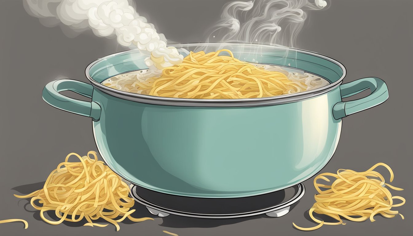 A pot of boiling water with egg noodles being dropped in