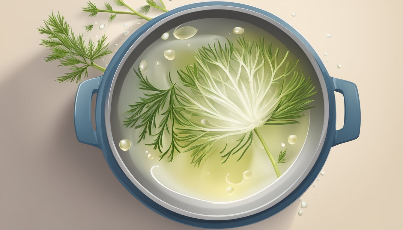 A pot of boiling water with fennel floating in it, emitting a fragrant anise aroma