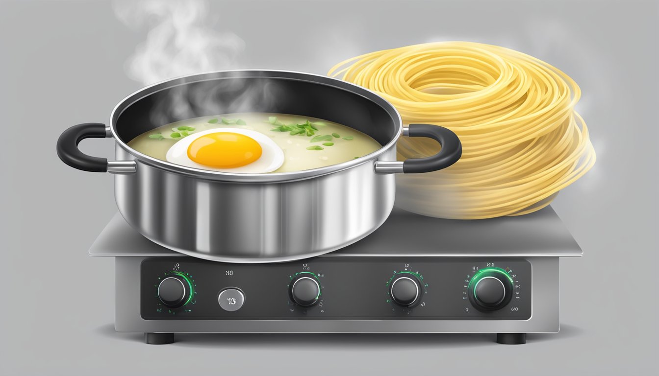 Boiling pot of egg noodles for soups and casseroles. Timer set. Steam rising