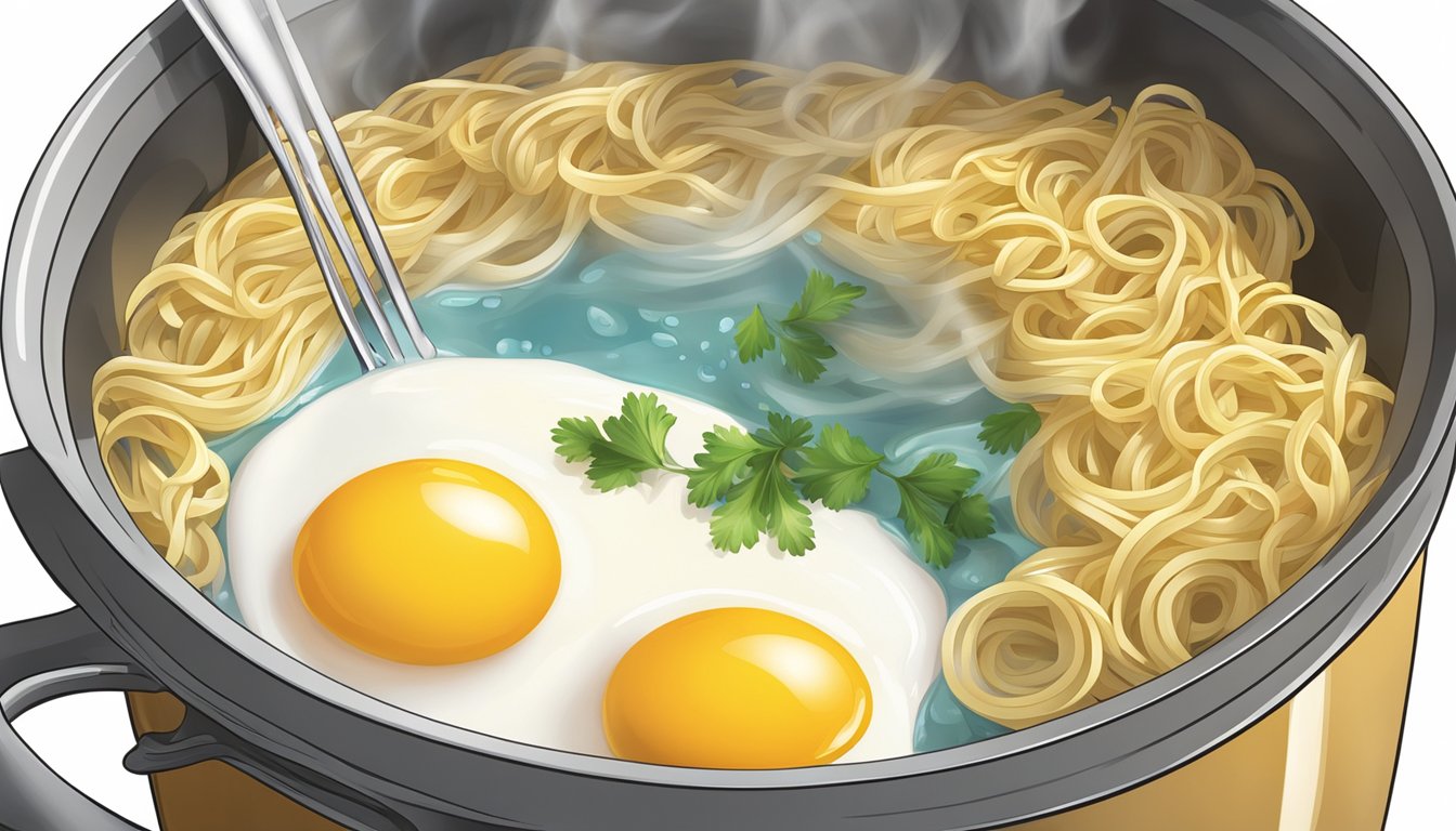 A pot of boiling water with egg noodles being added