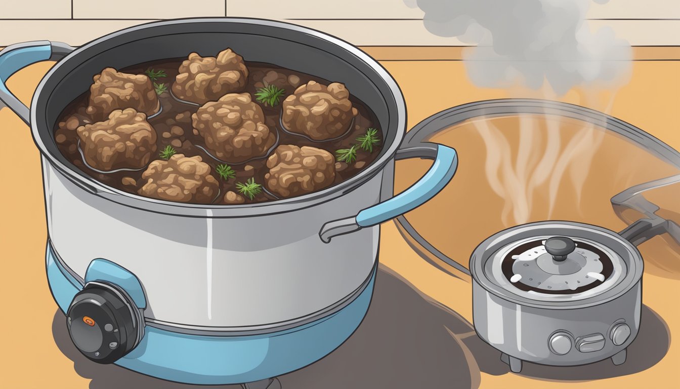 Oxtails simmering in a pot of boiling water, steam rising, with a timer set nearby