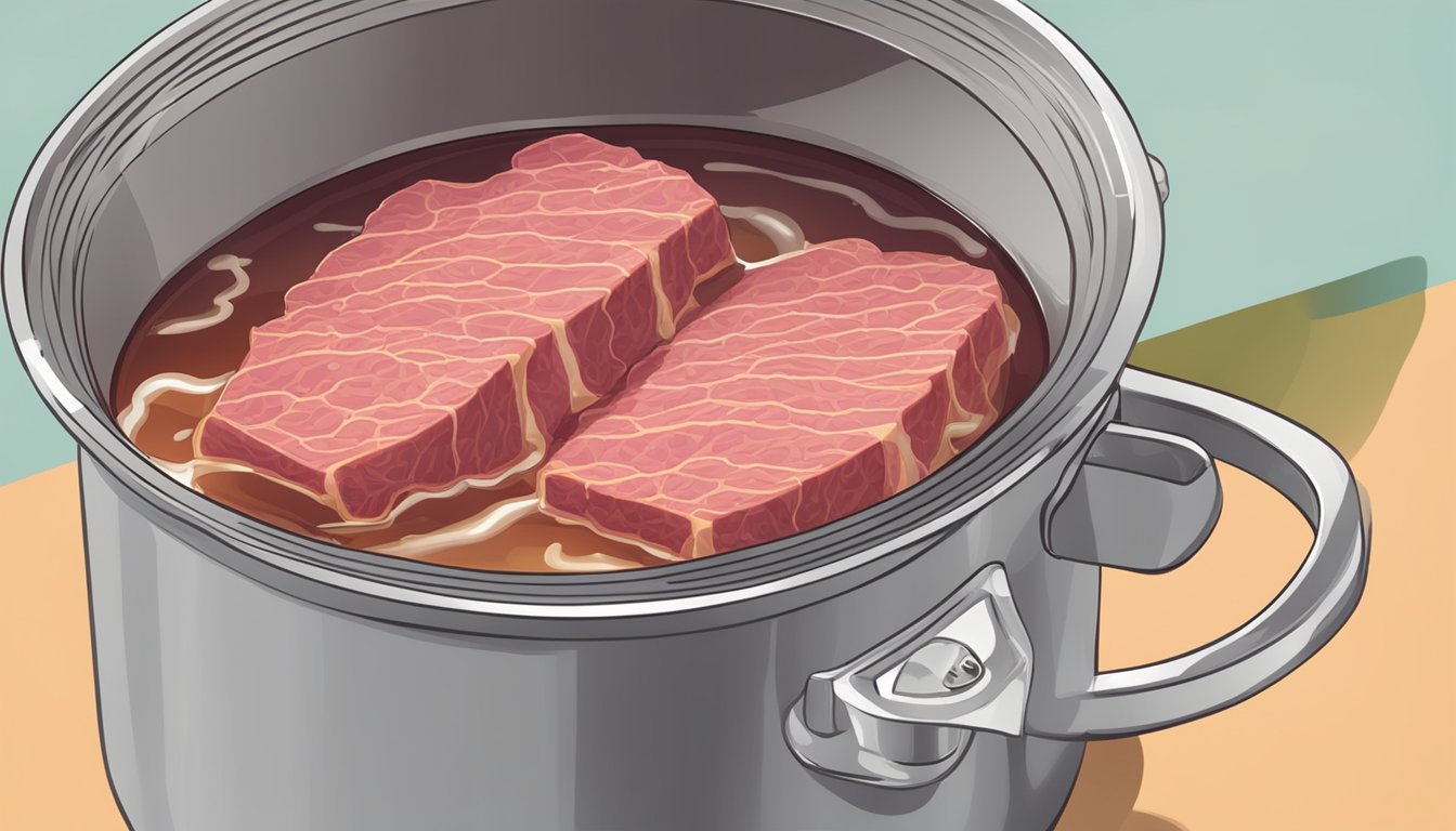 A pot of boiling water with a piece of corned beef submerged inside