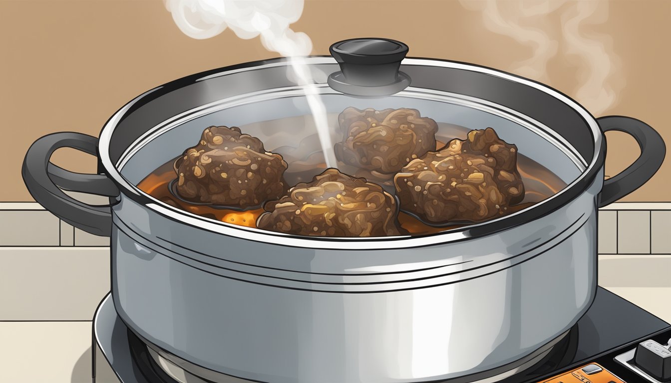 Oxtails simmering in a large pot of boiling water, steam rising, with a timer set nearby