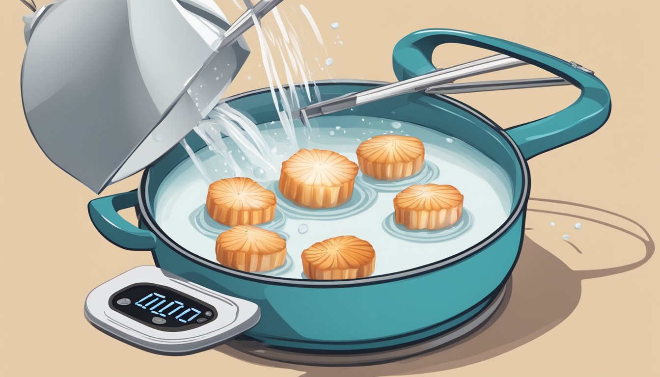 A pot of boiling water with a timer set next to it, a pair of tongs reaching in to carefully drop in the scallops