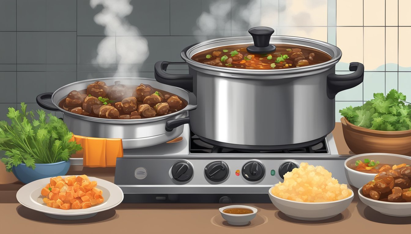 A pot of oxtails boiling on a stove, steam rising, with a timer set nearby. On the counter, ingredients for seasoning and serving