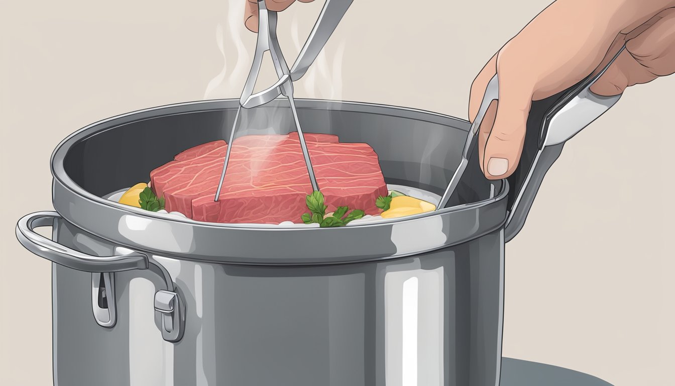 A pot of boiling water with a piece of corned beef being lowered in by a pair of tongs