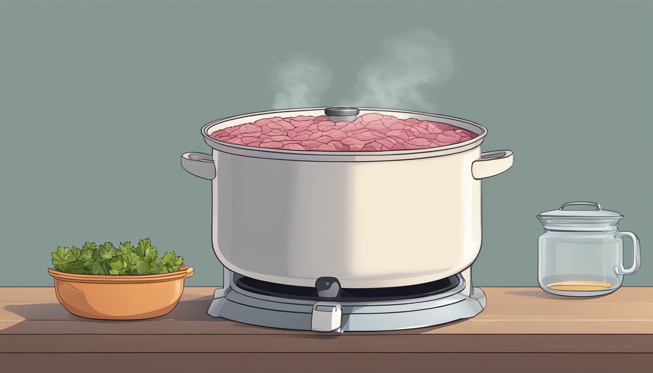 A pot of boiling water with a piece of corned beef submerged inside