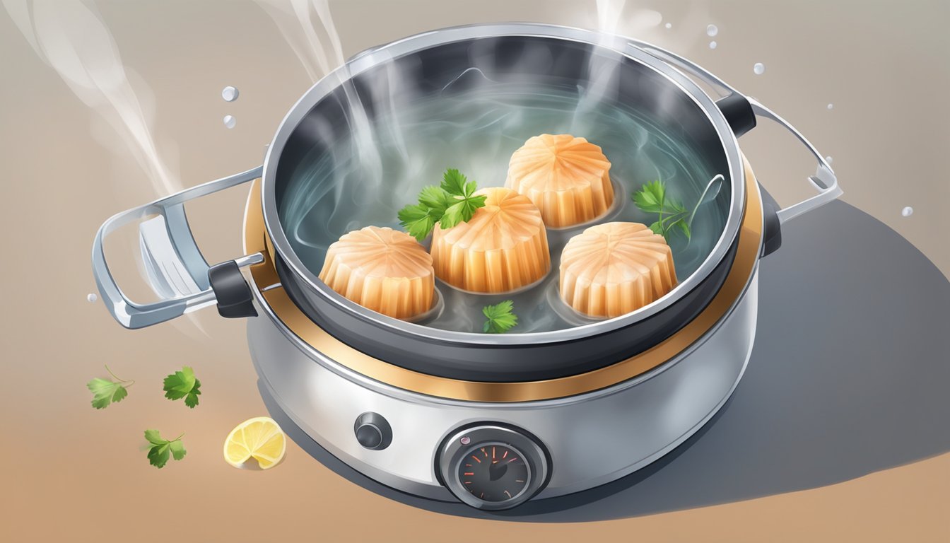 Scallops gently boiling in a pot of water, steam rising, with a timer set for perfect tenderness and juiciness