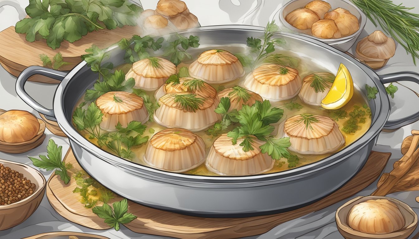 Scallops simmering in a pot of boiling water, surrounded by aromatic herbs and spices