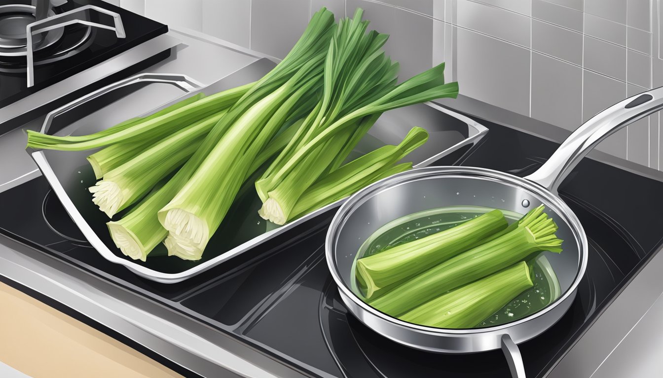 Leeks boiling in a pot of water on a stovetop