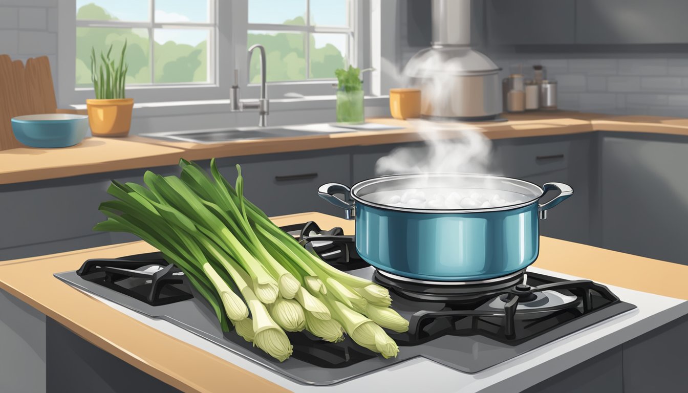 A pot of water boiling on a stove, with fresh leeks nearby