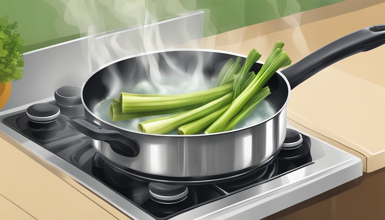 Leeks boiling in a pot of water on a stovetop, steam rising