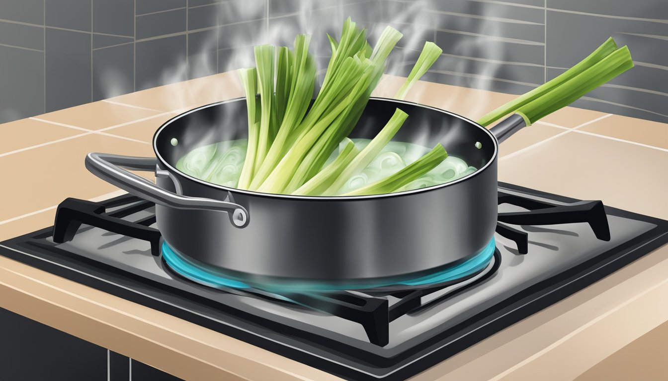 Leeks boiling in a pot of water on a stove