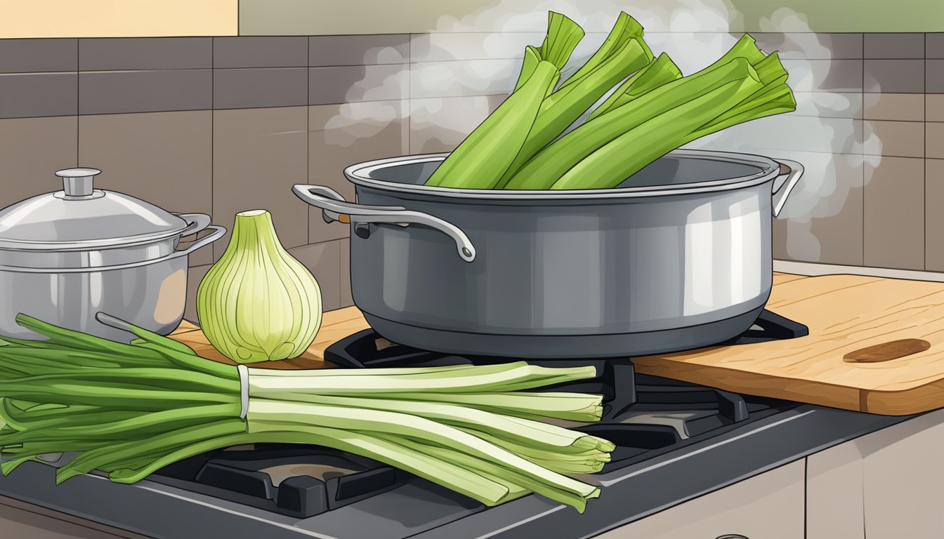 A pot of water boiling on the stove, with fresh leeks sitting on a cutting board nearby