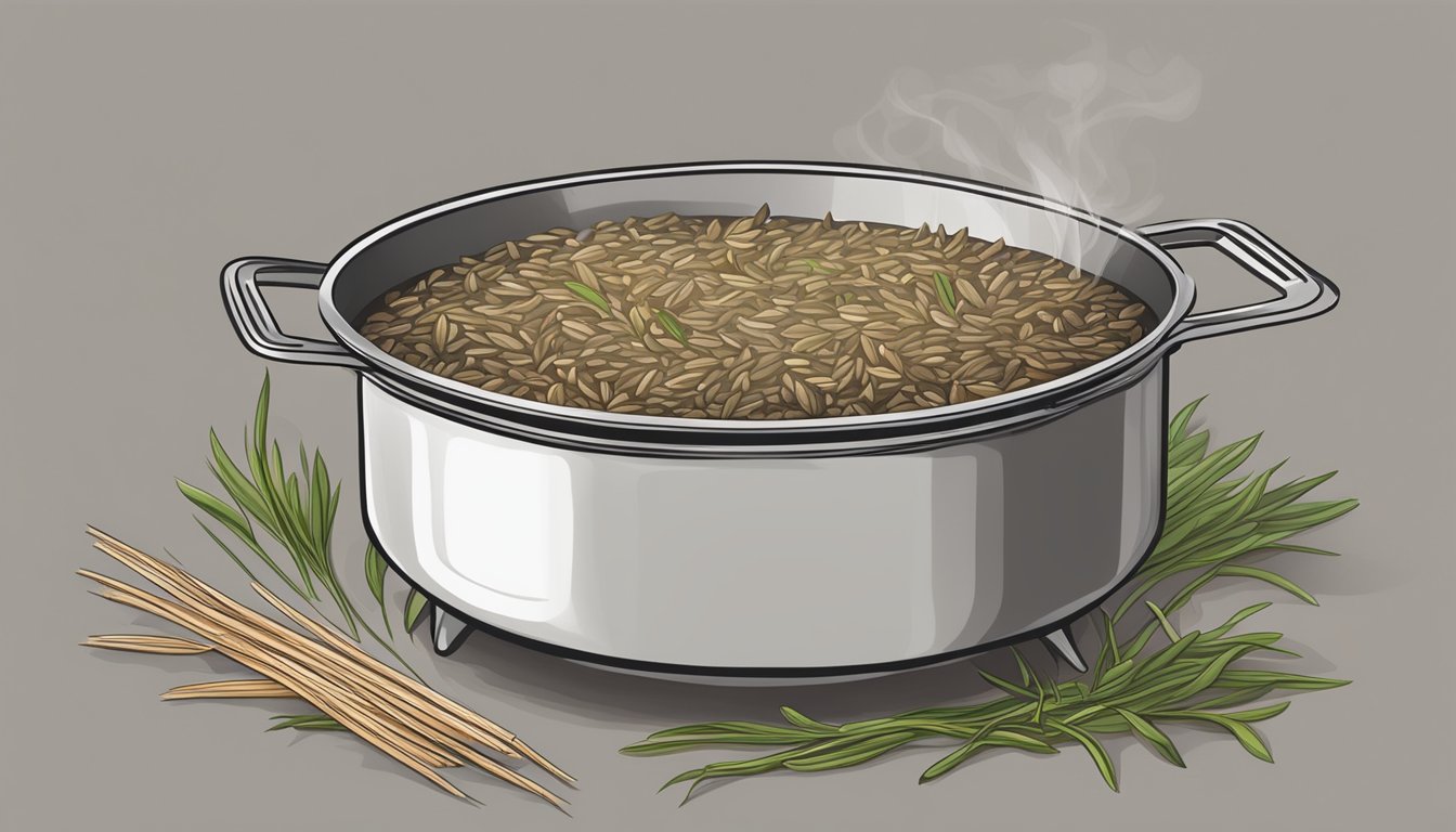 Wild rice simmering in a pot of boiling water, steam rising as it cooks to achieve a nutty and chewy texture