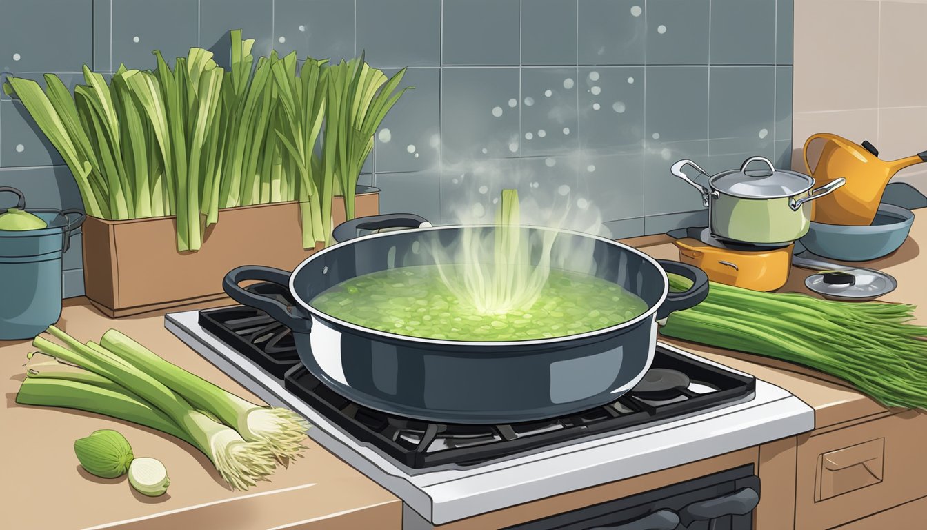 A pot of water boiling on a stove, with a bunch of leeks being dropped into the water