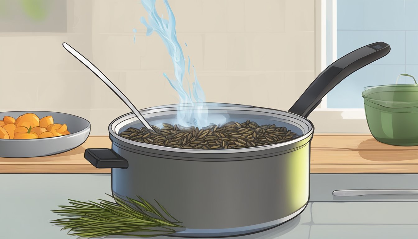 Wild rice simmering in a pot of water, steam rising, with a timer set for the recommended boiling time