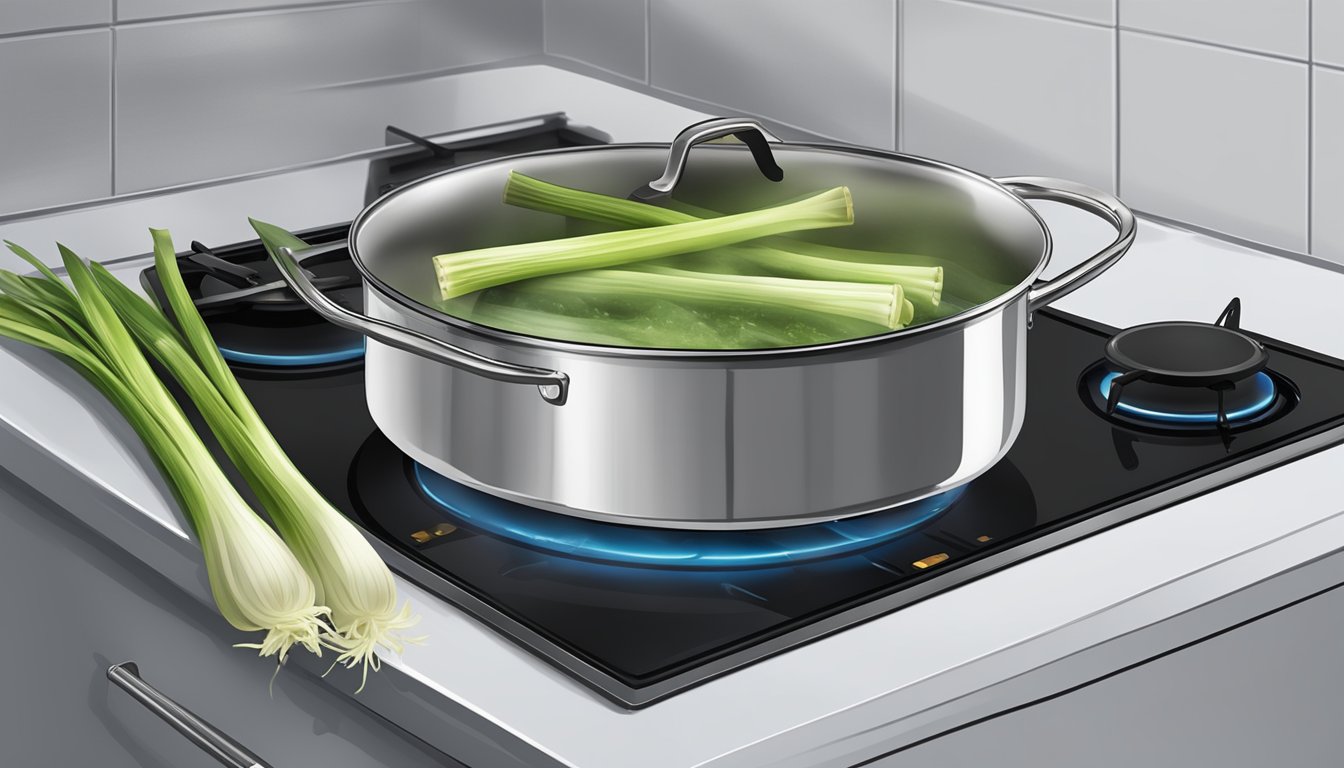 Leeks boiling in a pot of water on a stovetop, steam rising, with a timer set nearby