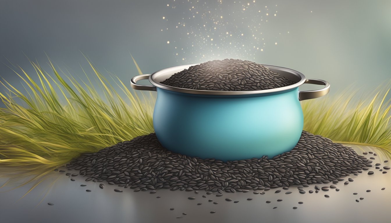 A pot of boiling water with wild rice grains floating and bubbling