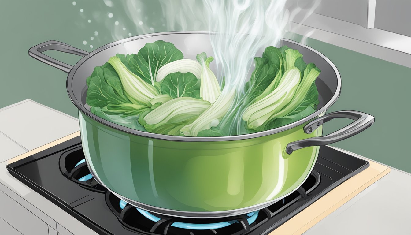 A pot of water boiling on a stove, with fresh bok choy being dropped into the water from above