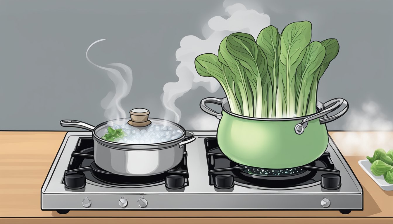 Bok choy boiling in a pot of water on a stovetop, steam rising, with a timer set nearby