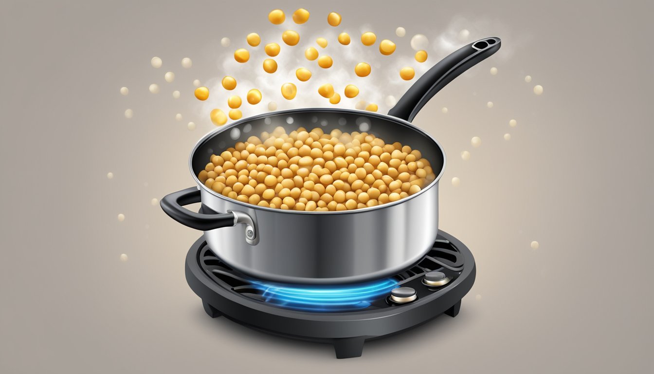 A pot of chickpeas boiling on a stovetop, surrounded by steam and bubbles