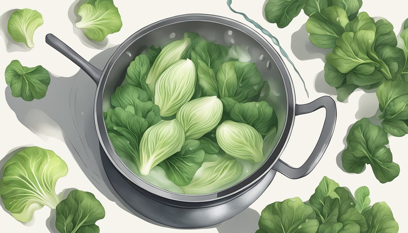 A pot of boiling water with bok choy being dropped in