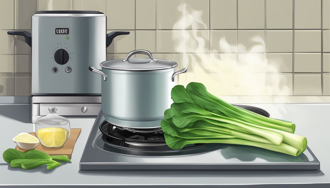 A pot of water boiling on a stove, with fresh bok choy next to it