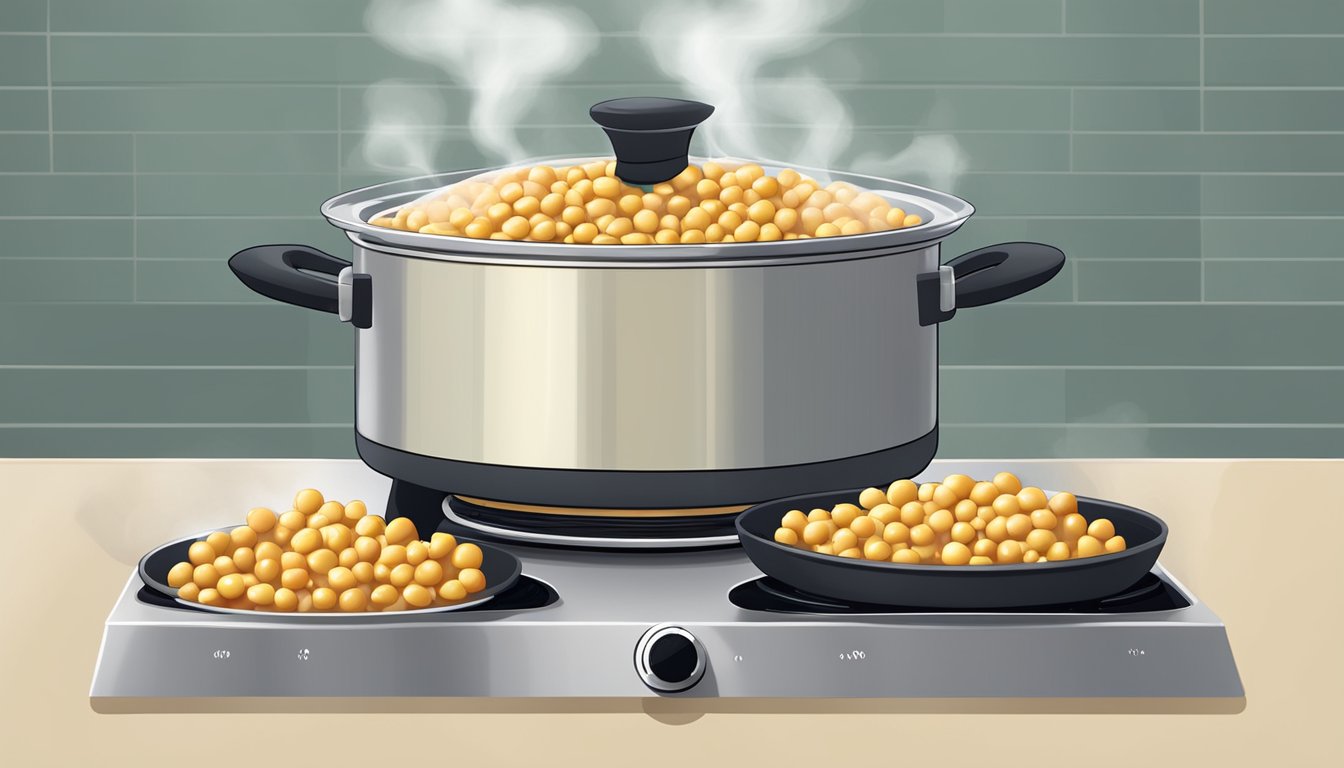 A pot of chickpeas boiling on a stovetop, steam rising from the bubbling water