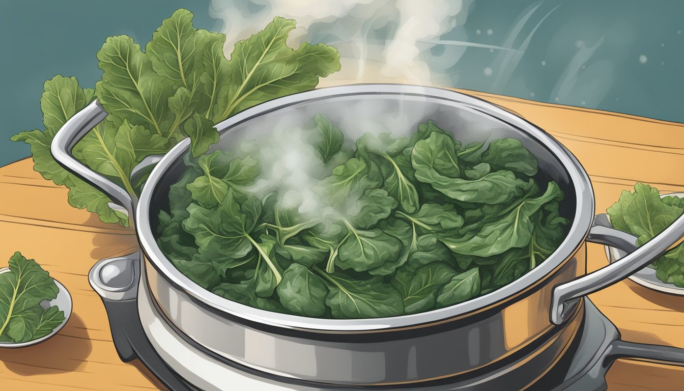 A pot of boiling water with fresh collard greens being added and stirred, steam rising, creating an authentic southern flavor