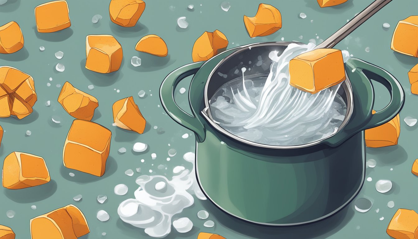 A pot of boiling water with chunks of butternut squash being submerged