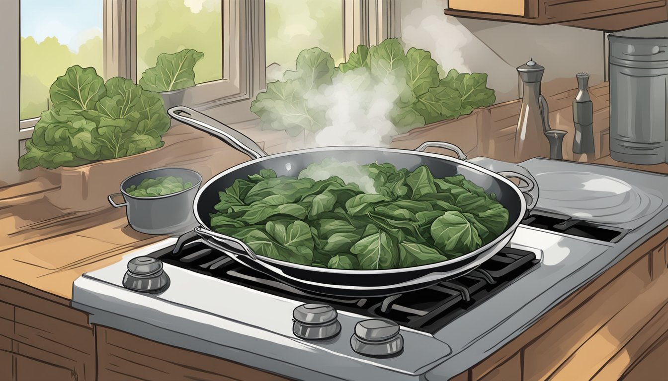 A pot of collard greens simmering on a stove, steam rising as they cook to perfection for an authentic southern flavor