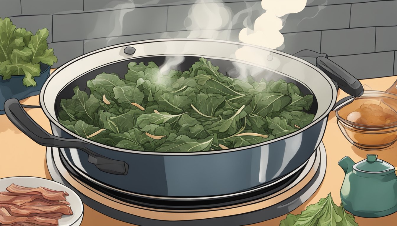 A pot of collard greens boiling on a stovetop, steam rising with a rich aroma, surrounded by ingredients like bacon, onions, and vinegar