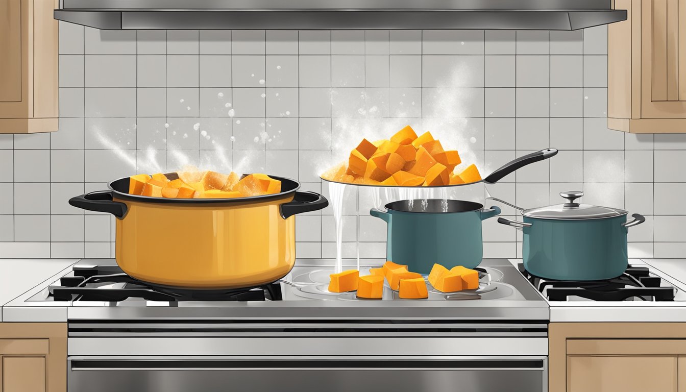 A pot of water boiling on the stove, with chunks of butternut squash being dropped in