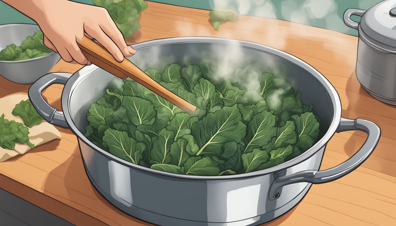 A pot of boiling water with collard greens being added, steam rising