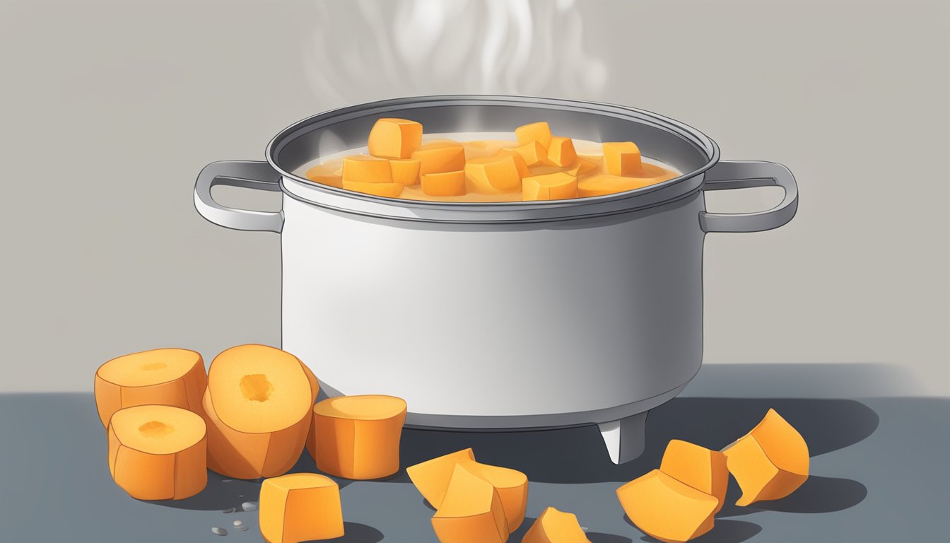 A pot of boiling water with butternut squash pieces being submerged