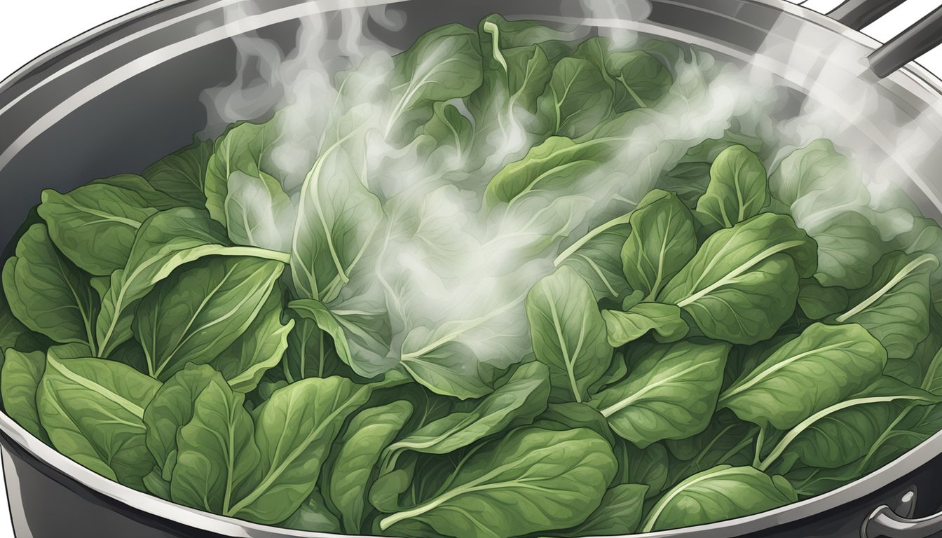 Collard greens simmering in a large pot of boiling water, with a hint of steam rising from the surface