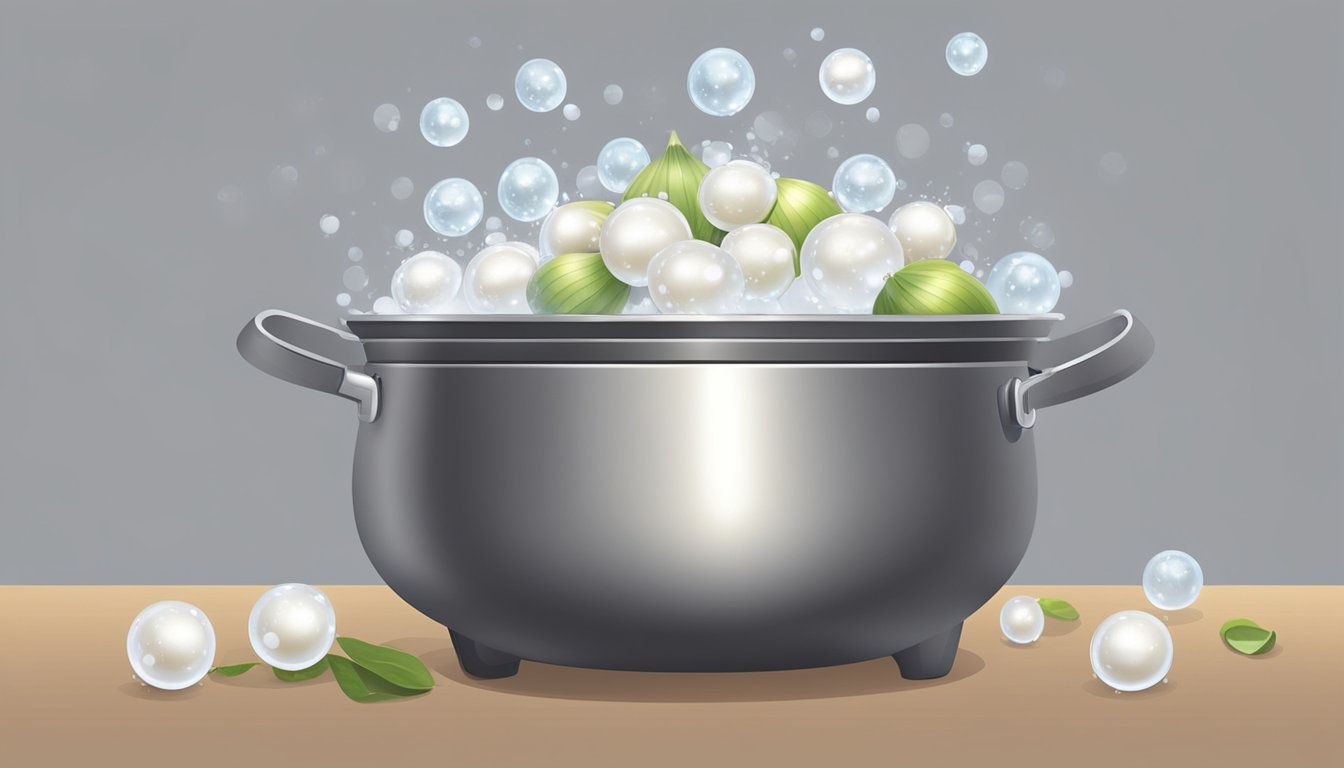 Pearl onions in a pot of boiling water with bubbles, steam, and a timer set for easy peeling