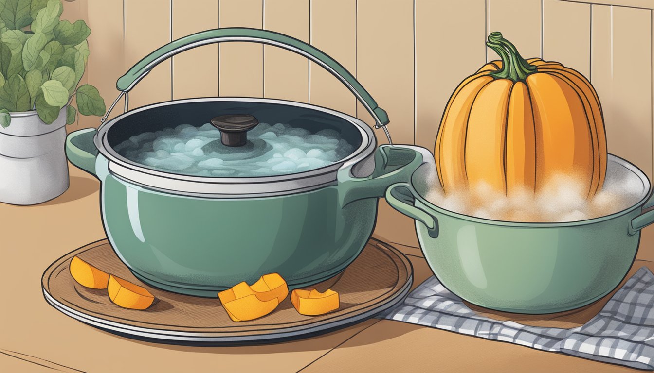 A pot of boiling water with a butternut squash being submerged