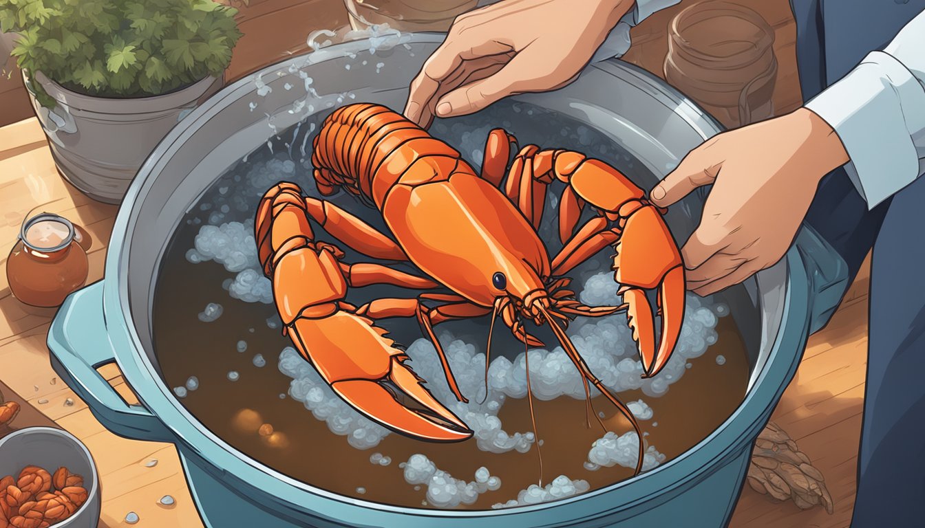 A pot of boiling water with whole lobsters being carefully lowered in