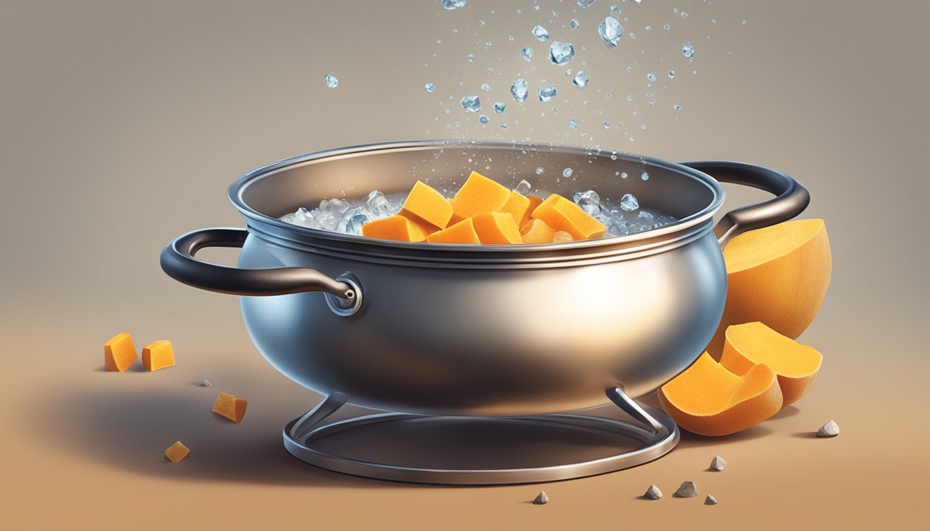 A pot of water boiling with chunks of butternut squash floating inside