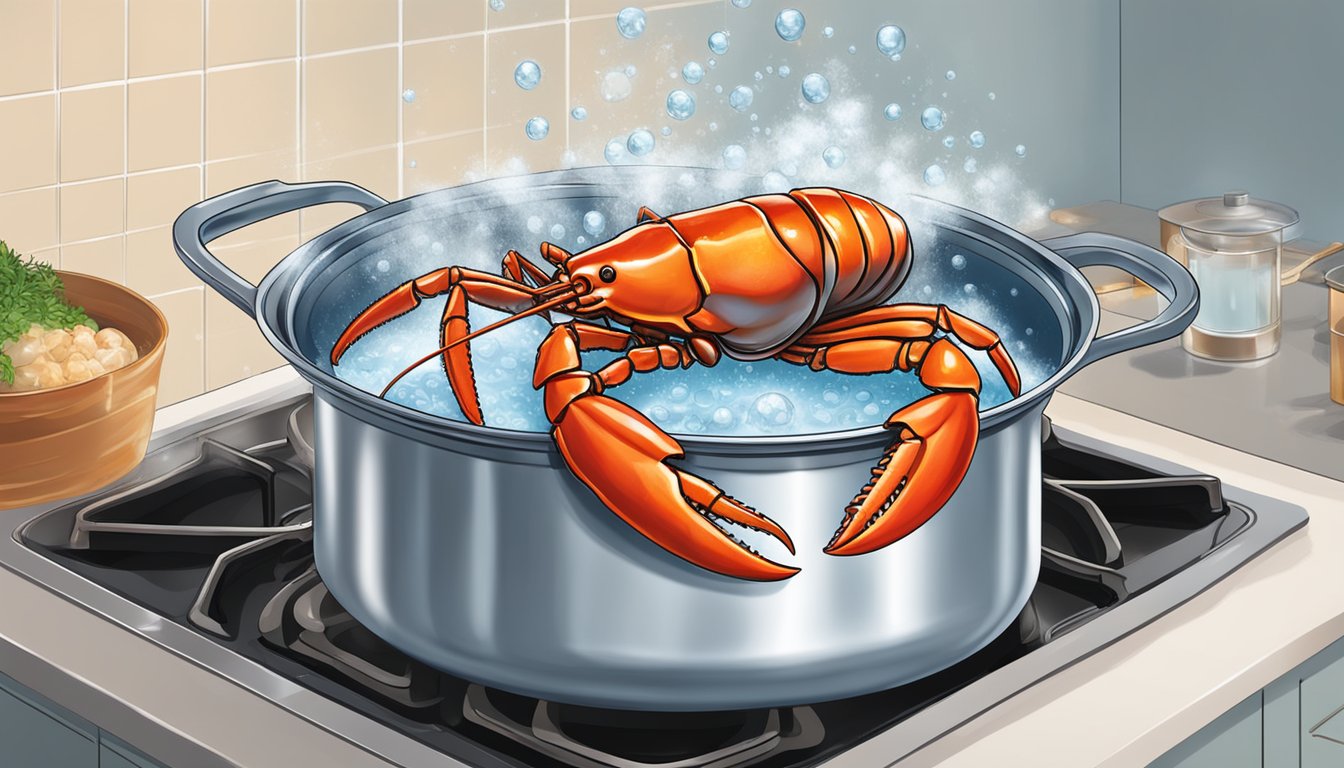 A large pot of water on a stovetop, with steam rising and bubbles forming as it prepares to boil a whole lobster